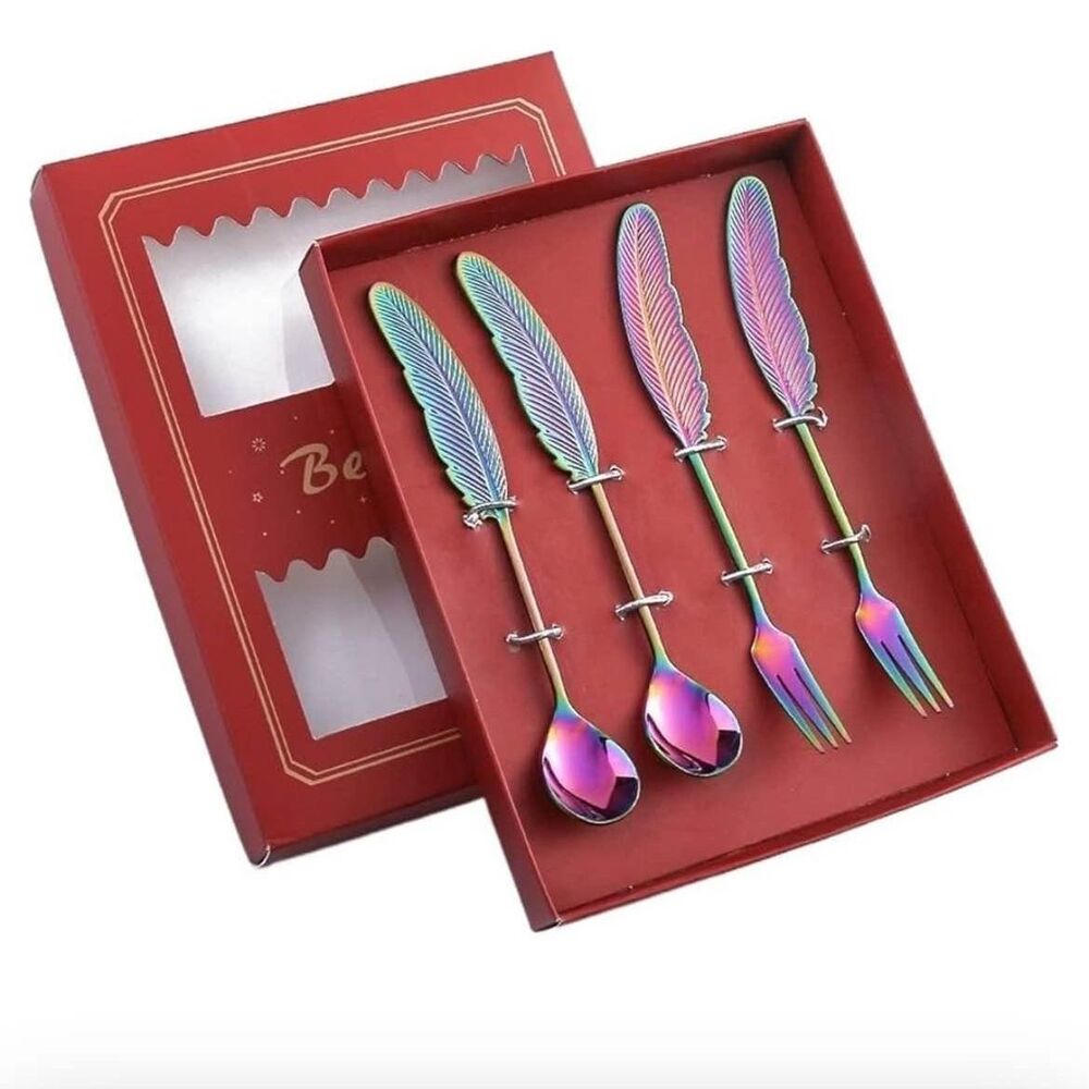 4-piece 304 Stainless Steel Feather Shaped Spoon Fork